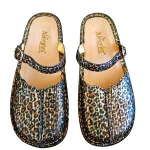 Alegria Leopard Print Metallic Mary Jane Leather Mules Size 7