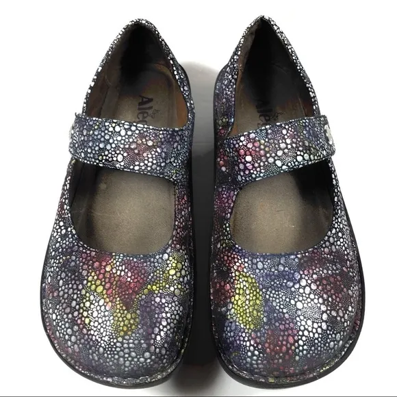 Alegria Paloma 335 Mary Jane Blue Bubbles Iridescent Metallic Leather Shoes