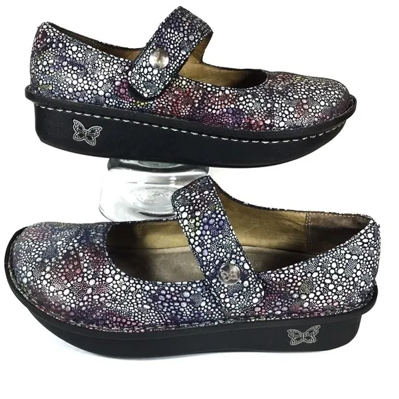 Alegria Paloma 335 Mary Jane Blue Bubbles Iridescent Metallic Leather Shoes