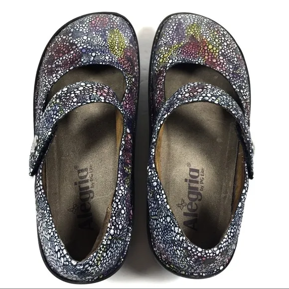 Alegria Paloma 335 Mary Jane Blue Bubbles Iridescent Metallic Leather Shoes