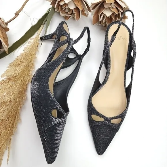 Alexandre Birman Black Silver Sparkle Slingback Heels Size 36.5