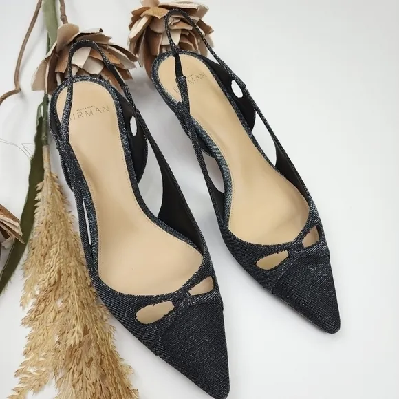 Alexandre Birman Black Silver Sparkle Slingback Heels Size 36.5