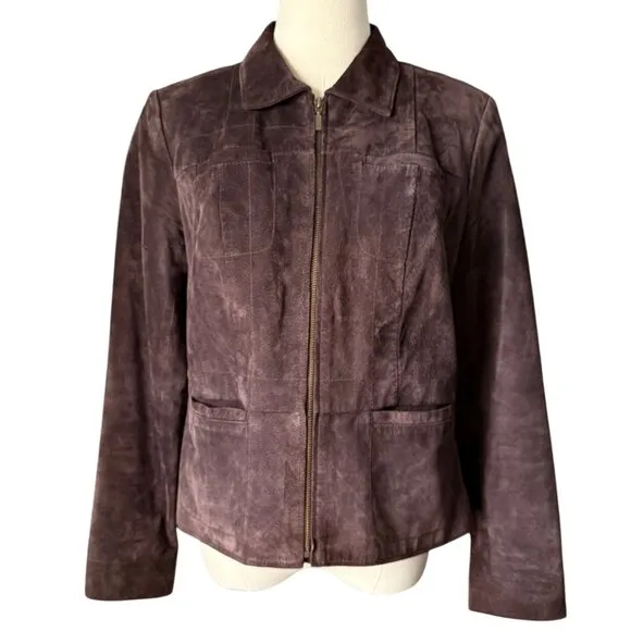 Alfani Genuine Leather Suede Chocolate Brown Tapered Fit Zip Up Blazer Jacket