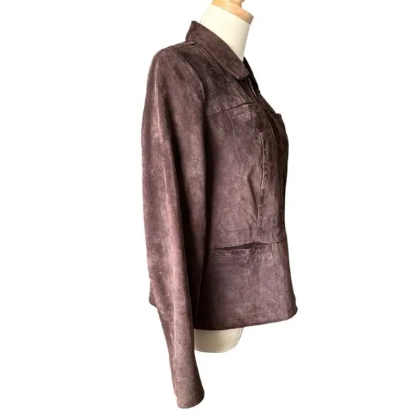 Alfani Genuine Leather Suede Chocolate Brown Tapered Fit Zip Up Blazer Jacket