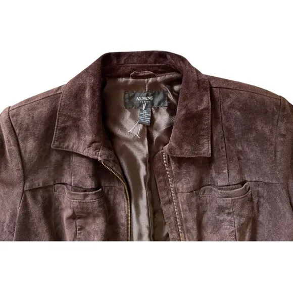 Alfani Genuine Leather Suede Chocolate Brown Tapered Fit Zip Up Blazer Jacket