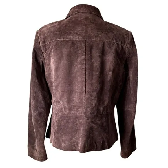 Alfani Genuine Leather Suede Chocolate Brown Tapered Fit Zip Up Blazer Jacket