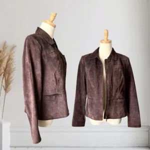 Alfani Genuine Leather Suede Chocolate Brown Tapered Fit Zip Up Blazer Jacket
