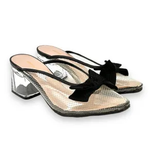 All Black Clear &amp; Black Ribbon Detail Transparent Block Heel Mules