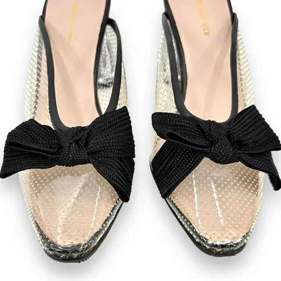 All Black Clear &amp; Black Ribbon Detail Transparent Block Heel Mules