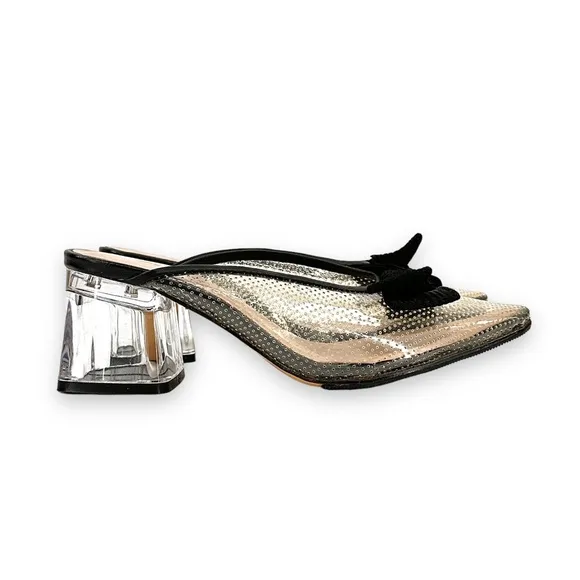 All Black Clear &amp; Black Ribbon Detail Transparent Block Heel Mules