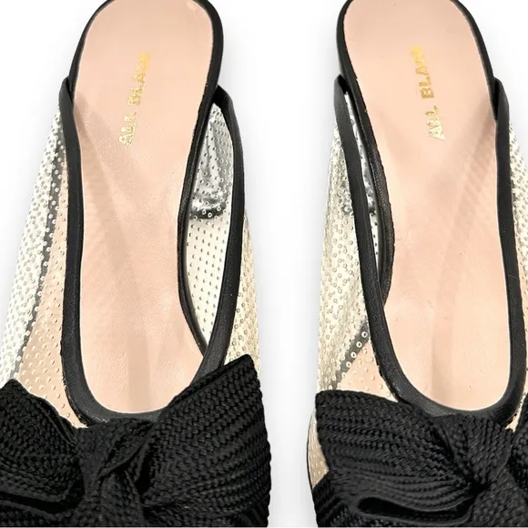All Black Clear &amp; Black Ribbon Detail Transparent Block Heel Mules