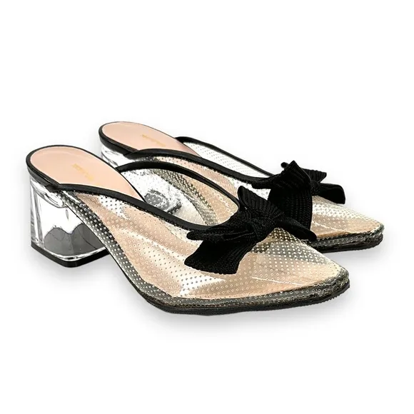 All Black Clear &amp; Black Ribbon Detail Transparent Block Heel Mules