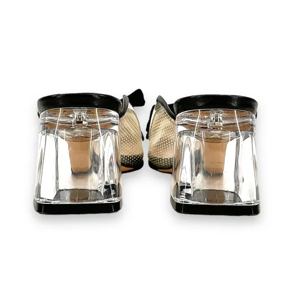All Black Clear &amp; Black Ribbon Detail Transparent Block Heel Mules