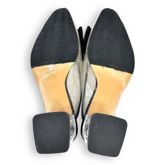 All Black Clear &amp; Black Ribbon Detail Transparent Block Heel Mules