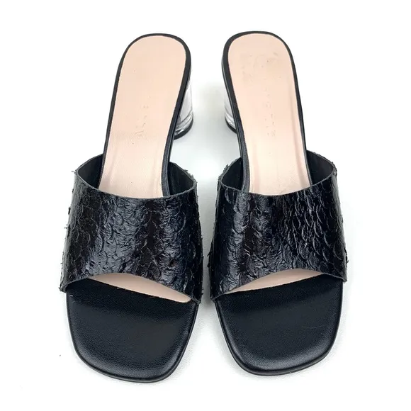 All Black Footwear Mules Lucite Clear Heel Black Snake Leather Sandal 37 (6.5-7)