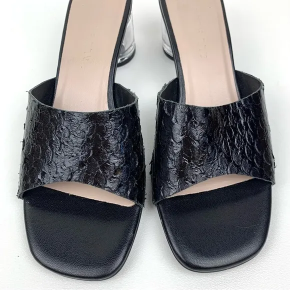 All Black Footwear Mules Lucite Clear Heel Black Snake Leather Sandal 37 (6.5-7)