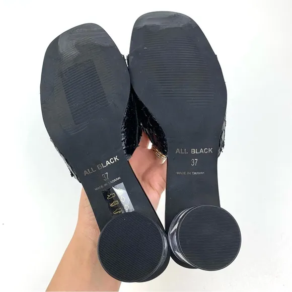 All Black Footwear Mules Lucite Clear Heel Black Snake Leather Sandal 37 (6.5-7)