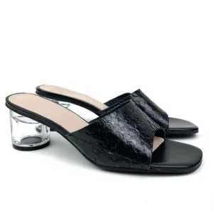All Black Footwear Mules Lucite Clear Heel Black Snake Leather Sandal 37 (6.5-7)