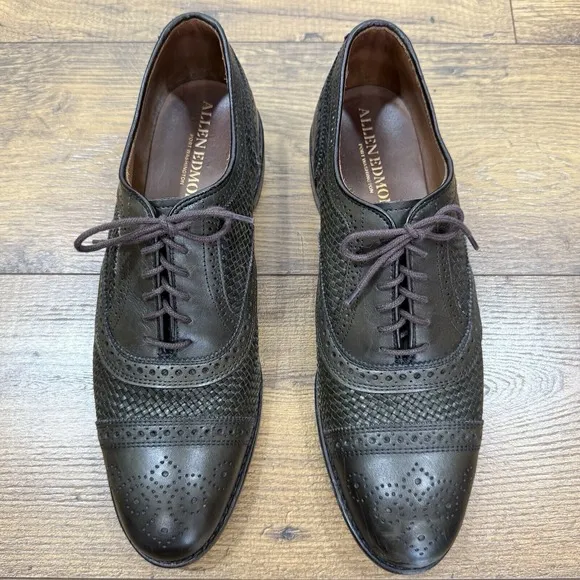 Allen Edmonds Shoes Men 11 D STRAND Olive Green Weave Medallion Cap Toe Oxfords