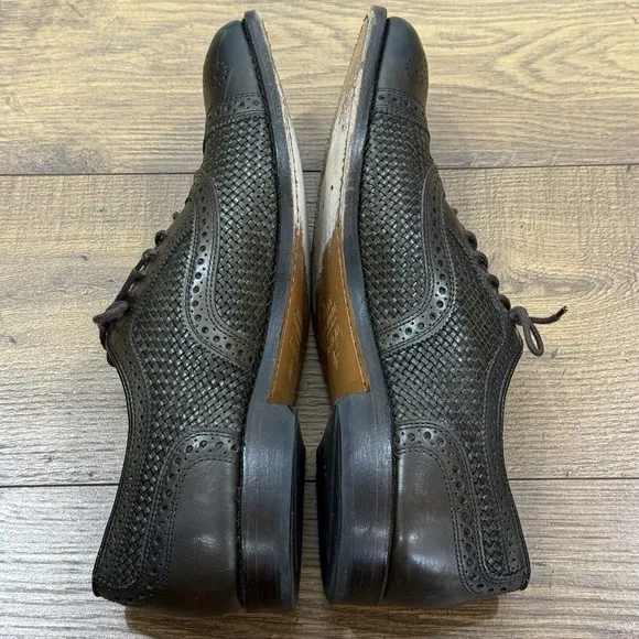 Allen Edmonds Shoes Men 11 D STRAND Olive Green Weave Medallion Cap Toe Oxfords