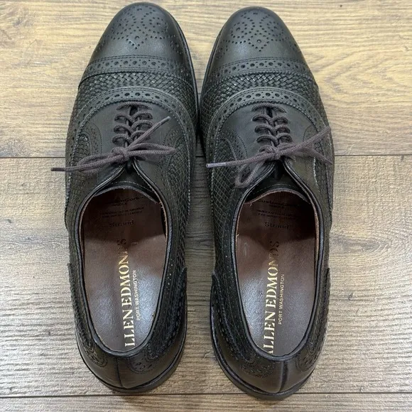 Allen Edmonds Shoes Men 11 D STRAND Olive Green Weave Medallion Cap Toe Oxfords