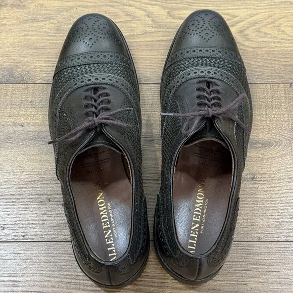 Allen Edmonds Shoes Men 11 D STRAND Olive Green Weave Medallion Cap Toe Oxfords