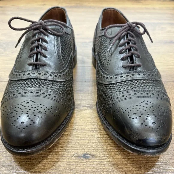 Allen Edmonds Shoes Men 11 D STRAND Olive Green Weave Medallion Cap Toe Oxfords