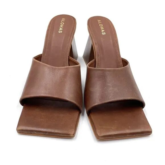 Alohas Dune Heeled Mules Brown Leather Sandals Square Toe Block Heel Sz 42 / 11