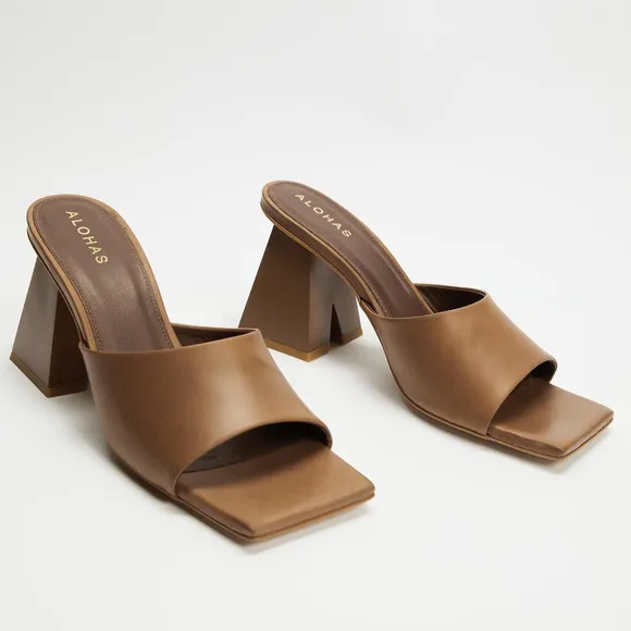 Alohas Dune Heeled Mules Brown Leather Sandals Square Toe Block Heel Sz 42 / 11