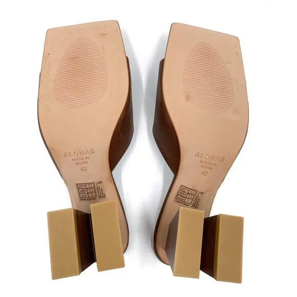 Alohas Dune Heeled Mules Brown Leather Sandals Square Toe Block Heel Sz 42 / 11