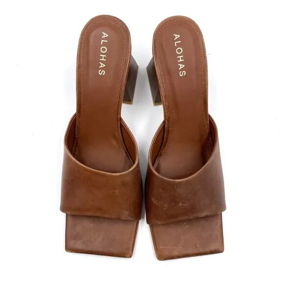 Alohas Dune Heeled Mules Brown Leather Sandals Square Toe Block Heel Sz 42 / 11
