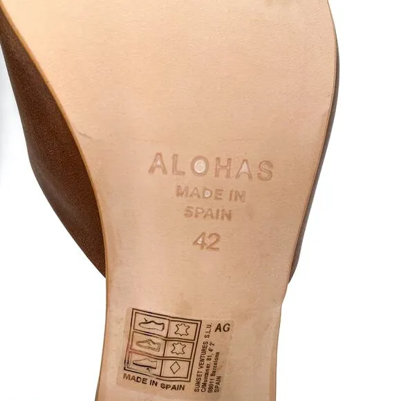 Alohas Dune Heeled Mules Brown Leather Sandals Square Toe Block Heel Sz 42 / 11
