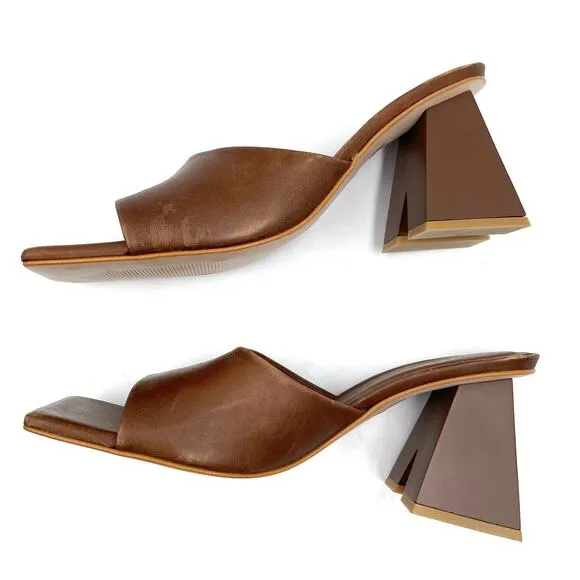 Alohas Dune Heeled Mules Brown Leather Sandals Square Toe Block Heel Sz 42 / 11