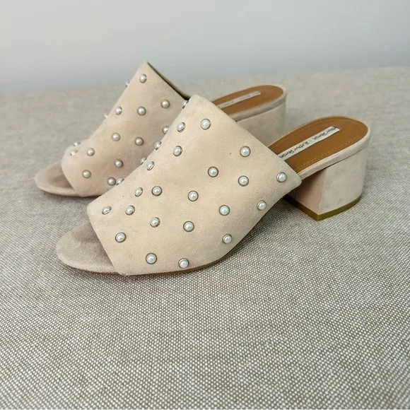 &amp; Other Stories Nude Tan Pearl Studded Block Heel Slide Mules Size 8 (38)