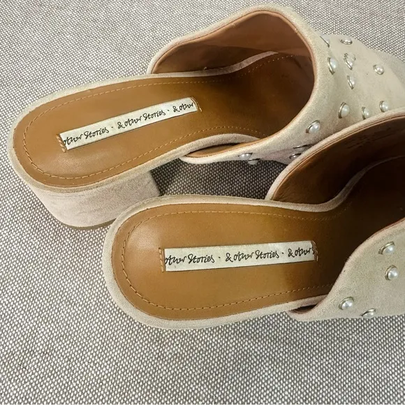 &amp; Other Stories Nude Tan Pearl Studded Block Heel Slide Mules Size 8 (38)