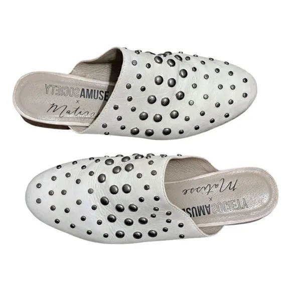 Amuse Society X Matisse Sicily Studded Leather Flat Mules Cream Size 7.5