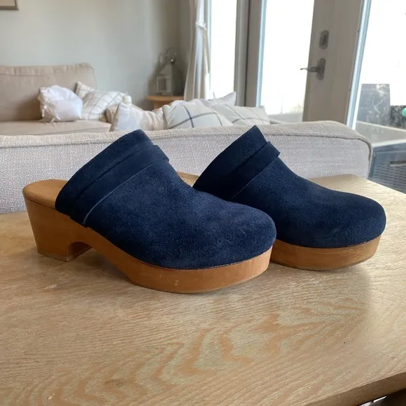 Andre Assous Navy Blue Suede Platform Mules Clogs