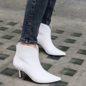 Anine Bing Frankie Leather Boots White Kitten Heels Pointed Toe Sz 37 / 7 US
