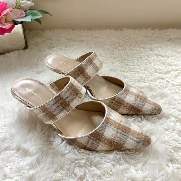 Ann Taylor Plaid Kitten Heel Mule Pumps