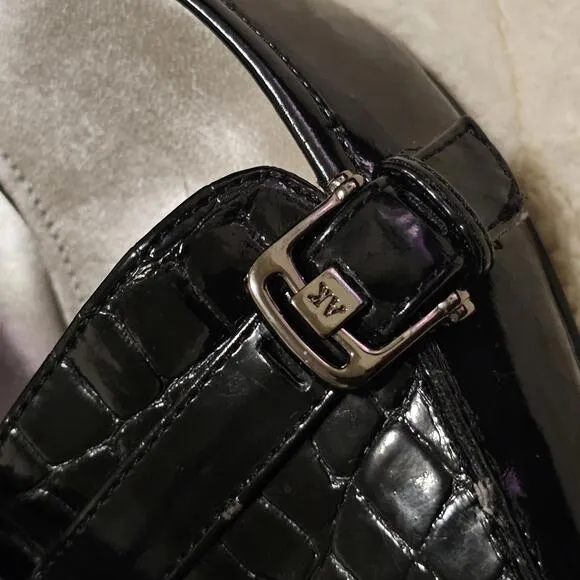 Anne Klein iflex Black Crocodile Embossed Patent Leather Pointed Kitten Heels 7