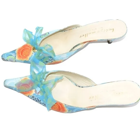 Anthropologie Bettye Muller Blue Orange Leather Bow Kitten Heels Pumps 37.5 7.5
