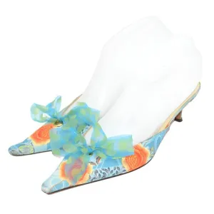 Anthropologie Bettye Muller Blue Orange Leather Bow Kitten Heels Pumps 37.5 7.5
