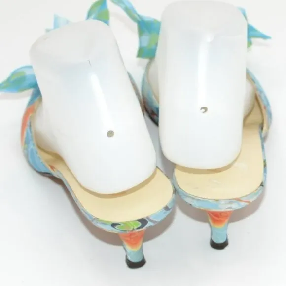 Anthropologie Bettye Muller Blue Orange Leather Bow Kitten Heels Pumps 37.5 7.5