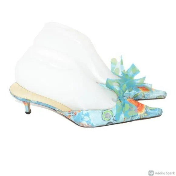 Anthropologie Bettye Muller Blue Orange Leather Bow Kitten Heels Pumps 37.5 7.5
