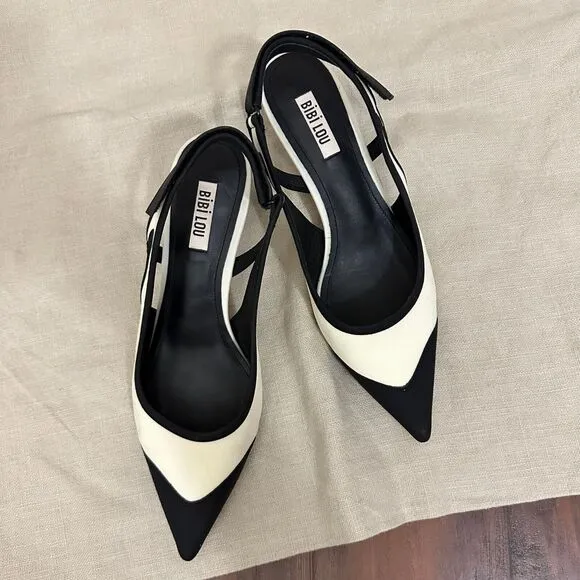 ANTHROPOLOGIE BIBI LOU Ardo Heels White Black Slingback