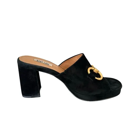 Anthropologie Bibi Lou Horsebit Mules  Black Suede Block Heel Platform Sandals