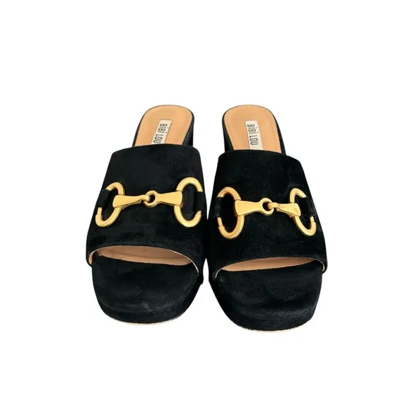 Anthropologie Bibi Lou Horsebit Mules  Black Suede Block Heel Platform Sandals