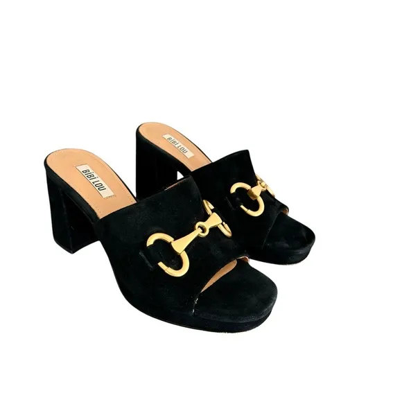 Anthropologie Bibi Lou Horsebit Mules  Black Suede Block Heel Platform Sandals