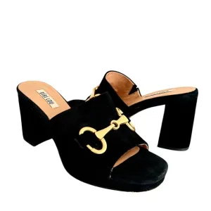 Anthropologie Bibi Lou Horsebit Mules  Black Suede Block Heel Platform Sandals