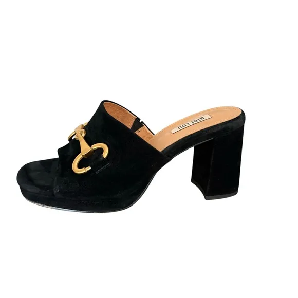 Anthropologie Bibi Lou Horsebit Mules  Black Suede Block Heel Platform Sandals